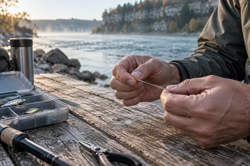 Hands tying fishing line beside a tackle box on a wooden riverside surface