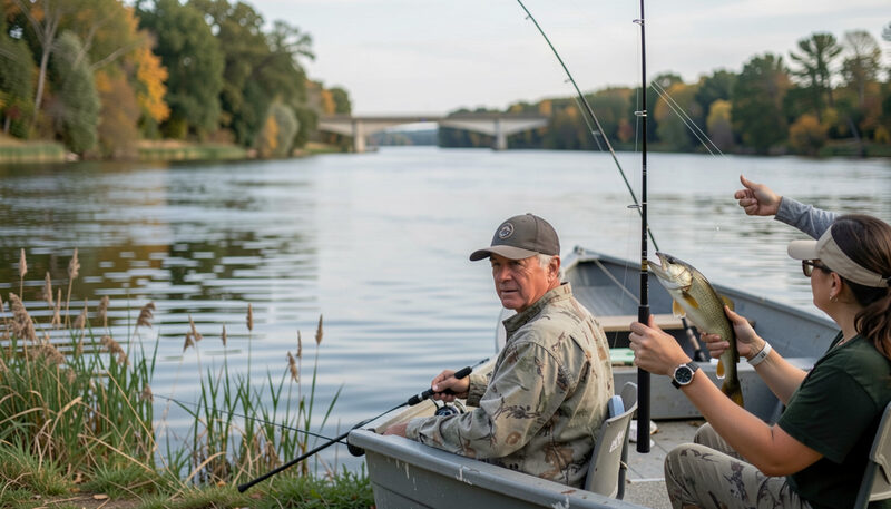 An angler stretching one shoulder beside a parked car at a river access lot in late afternoon light