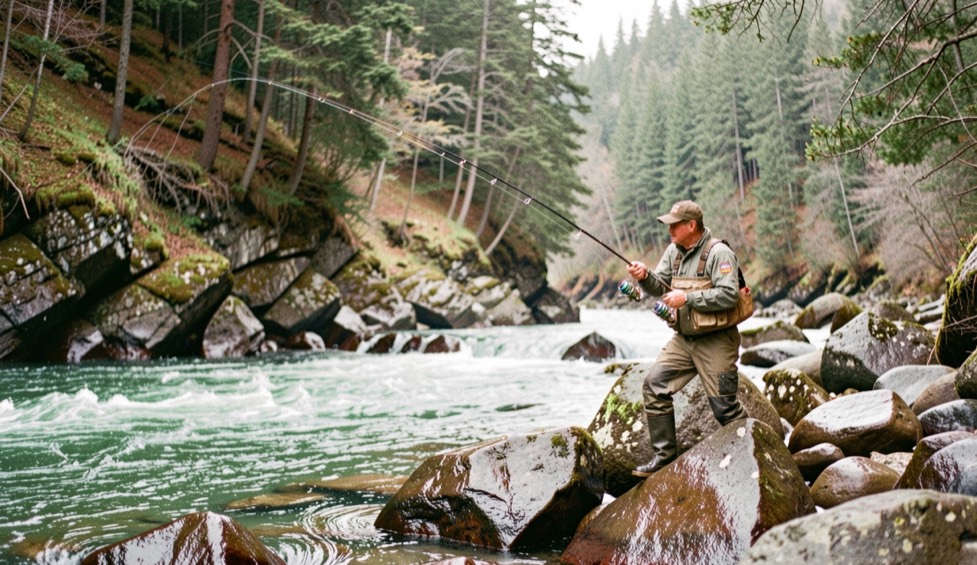 A lone angler in waders casting from wet boulders at the foot of a steep wooded river gorge, fast green water in front of him