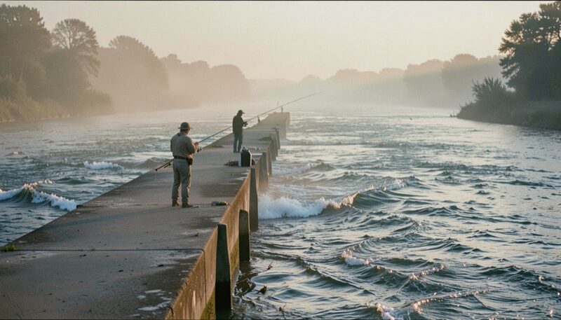 Two anglers casting from a long concrete pier into a wide blue river current at sunrise, low mist over the water